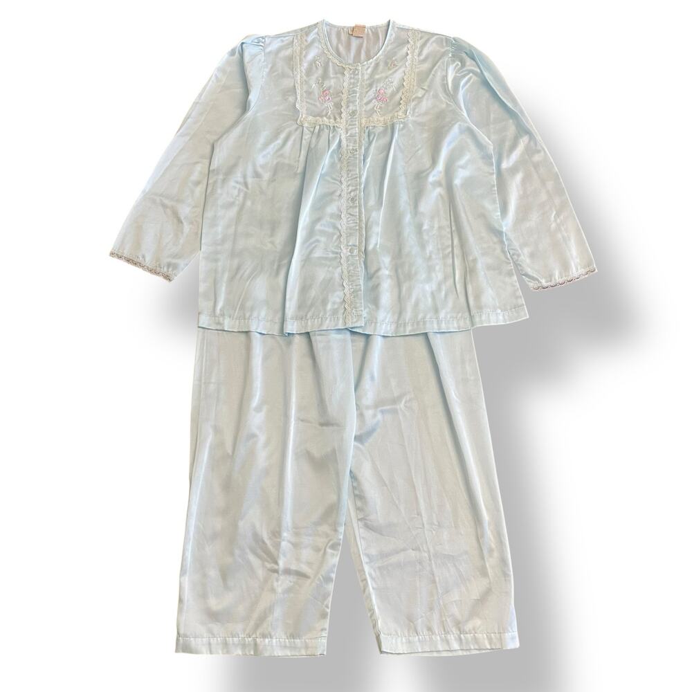 Vintage Barbizon Cuddleskin Pajama Set XL Blue Satin Lace Floral Embroidered‎